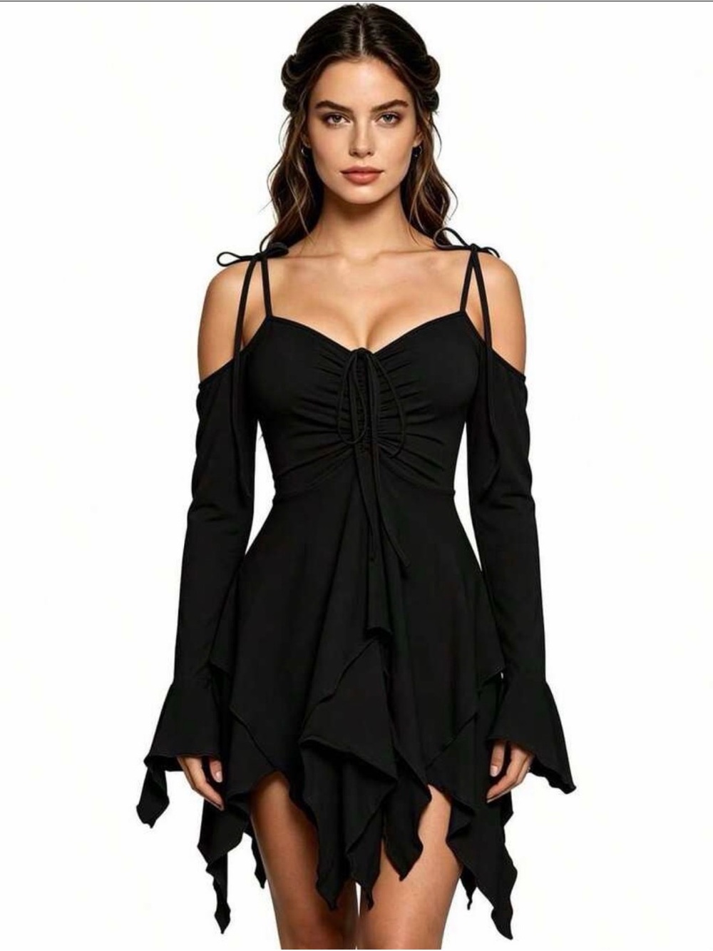 🖤 Cold-Shoulder Black Asymmetrical Hanky Hem Dress Adjustable Straps!